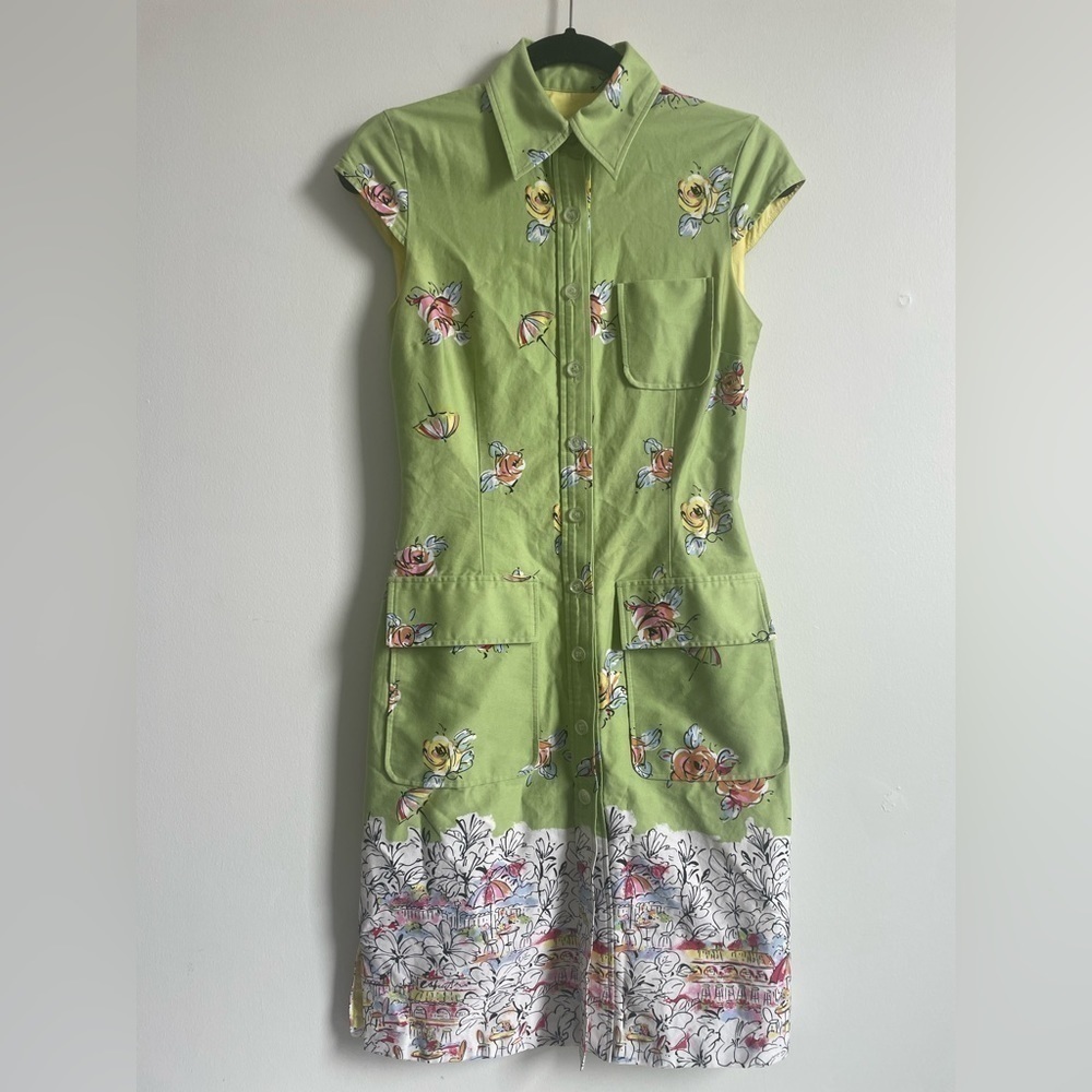 Vintage JS Signature Knee Length Button Down Sheath Dress Size 2 Green Spring
